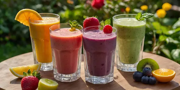 Çeşitli renklendirici kokteyller. Bahçedeki ahşap masada uzun bardaklarda taze meyve suyu.. 