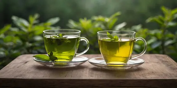 İki bardak detoks bitkisel çayın renkli detaylı fotoğrafı. Bahçedeki ahşap masada naneli bir bardak çay.. 