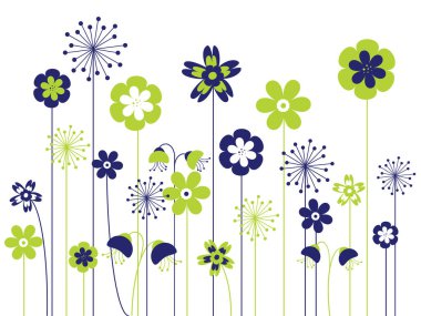 Mavi ve yeşil çiçek siluetleri beyaz arkaplanda izole edilmiş. Basit çiçek arkaplanı. 