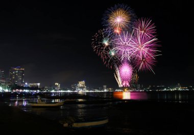 Fireworks show at Pattaya beach, Major attractions of Chonburi Province in Thailand.