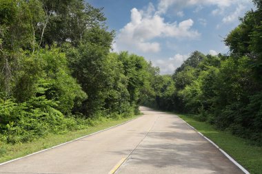 Gündüz vakti arka planda mavi gökyüzü manzaralı beton yol ve arabasız boş yol.