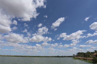 The scenery around Bueng Thung Sang has water hyacinths growing along the shore. On a clear day and there were white clouds in the sky which is in Khon Kaen Province of Thailand. clipart