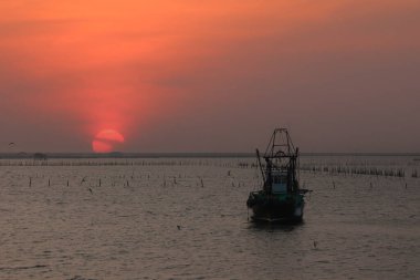 Balıkçı teknesi, Chonburi Eyaleti 'ndeki bir deniz midyesi çiftliğinin arka planında ve denizde demirli..