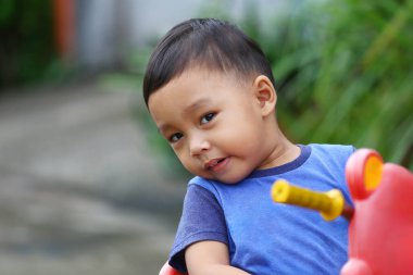 İki yaşlarında Asyalı bir çocuk, mavi bir gömlek giyiyordu. Oyuncak arabasının üzerinde oturmuş, tuhaf bir şekilde bir şeye bakıyordu..