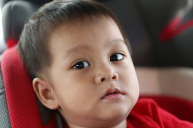 Asyalı bir çocuk bir araba koltuğunda oturur ve dışarı bakar, bir şeyle ilgilenir..