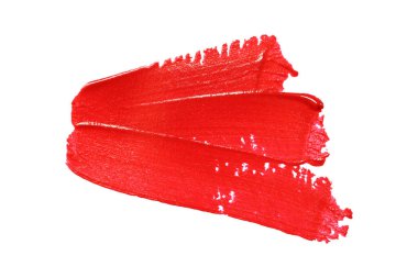 Beyaz arkaplanda izole edilmiş kırmızı boya darbesini kapat ve kırpma yollarına sahip ol, parlak dokuyu ve sanatsal iş projeleri için zengin rengi göster.