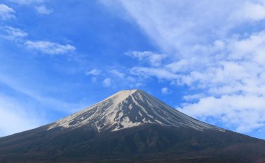 Açık bir günde mavi gökyüzünün arka planında Fuji Dağı.