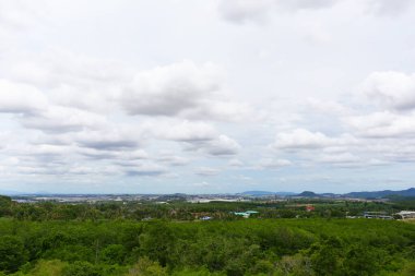Yeşil orman manzarası ve Pinthong 3 Endüstriyel Konutları, Chonburi 'nin Sriracha İlçesi' nde yer alıyor. Arka planda gökyüzü ve beyaz bulutlar var. Yağmur mevsiminde ağaçlar taze ve yeşildir..