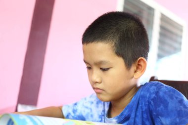 Genç bir çocuk, konsantrasyon ve merak sergileyen bir kitap okumakla derinden meşguldür. İçerideki hareketli arka plan sahneye neşeli bir atmosfer katıyor..