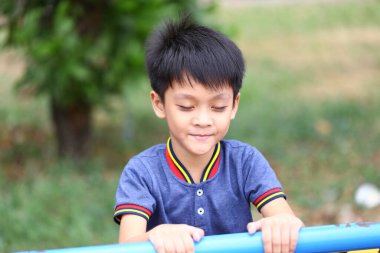 Neşeli bir çocuk renkli oyun alanı ekipmanlarıyla oynar, çocukluk masumiyetini ve açık hava aktivitelerinin neşesini gözler önüne serer. Gençlik ve eğlence temaları için mükemmel..