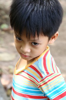 Bu resim renkli çizgili gömlek giyen neşeli bir ifadeye sahip genç bir çocuğu gösteriyor. Doğal bir ortamda yakalanmış, merak ve masumiyet yayıyor..