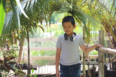 Genç bir çocuk, gür, tropikal bir ortamda, kulaklık takarak huzurlu bir anın tadını çıkarıyor. Canlı yeşillik keşif için barışçıl bir zemin oluşturuyor..