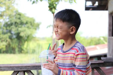 Neşeli bir çocuk açık havada serinletici bir içkinin tadını çıkarıyor, bir neşe ve neşe anı yakalıyor. Renkli kıyafetler ve neşeli ifade doğadaki çocukluk mutluluğunun özünü vurgular..