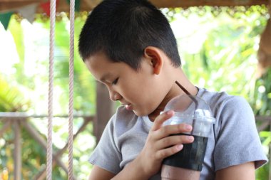 Genç bir çocuk, canlı bir açık havada salıncakta sallanırken, çocukluğunun ve doğanın neşesini somutlaştıran ferahlatıcı bir içeceğin tadını çıkarıyor..