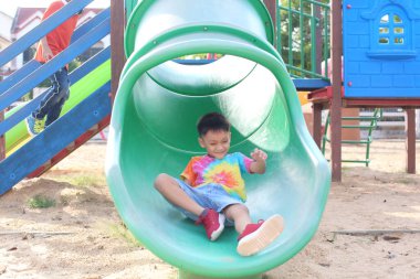 Neşeli bir çocuk yeşil bir oyun alanından kayarak güneşli bir oyun gününün tadını çıkarıyor. Canlı renkler neşeli bir atmosfer yaratıyor, açık hava eğlencesi için mükemmel..