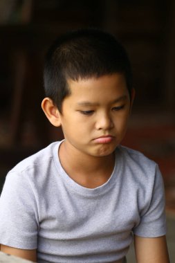 Genç bir çocuk düşünceli ve düşünceli görünür, duygularının bir karışımını ifade eder. Günlük kıyafetleri ve ciddi tavırları, uygun bir atmosfer yaratıyor..