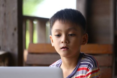 Genç bir çocuk özenle rahat bir doğal ortamda dizüstü bilgisayara odaklanır, çocukluktaki eğlenceli öğrenme ve merakın özünü yakalar..