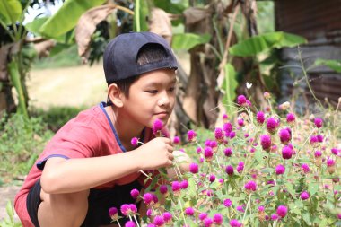 Genç bir çocuk, çiçeklerin yemyeşil bir ortamda açmasının güzelliğinin keyfini çıkarırken görülüyor. Doğada neşe ve merakı somutlaştırıyor..