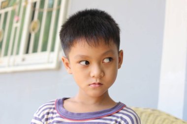 Meraklı bir ifadeyle genç bir çocuk, çizgili bir gömlek giyiyor, sıcak ve kapalı bir ortamda yakalanmış. Düşünceli bakışları masumiyeti ve neşeli enerjiyi yansıtıyor..