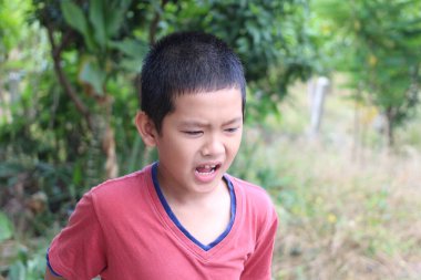 Genç bir çocuk yemyeşil doğanın ortasında duruyor, belirgin bir üzüntü ifadesi gösteriyor. Endişeli yüzü, açık hava ortamındaki duyguları vurguluyor..