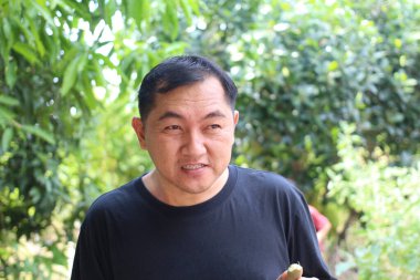 Çevresi yemyeşil yemliklerle çevrili mutlu bir adam, atıştırmanın tadını çıkarıyor. Canlı sahne, doğanın neşesini ve huzurlu bir ortamda rahat bir yaşam tarzını yakalıyor..