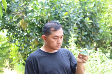 Bir adam yemyeşil bir ortamda yoğunlaşarak doğanın güzelliğini ve çevresel farkındalığın önemini vurgulayan bir yaprak üzerinde çalışır..