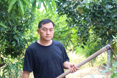 Odaklanmış bir adam, elinde bahçe aleti olan yemyeşil bir meyve bahçesinin ortasında duruyor. Sakin kırsal alan, tarım ve doğaya olan bağlılığı yansıtıyor..