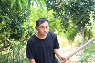 Canlı yeşillik ve ağaçlarla çevrili, gelişmekte olan bir bahçeyle ilgilenen odaklanmış bir birey, doğayla bağlantı ve çalışma anlarını yakalıyor..