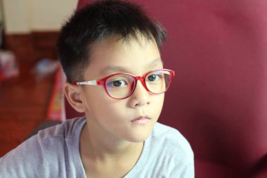 Kırmızı gözlüklü düşünceli genç bir çocuk evde oturuyor ve tuhaf bir ifade sergiliyor. Bu portre masumiyeti ve derin düşüncelere daldığı anı yakalar..