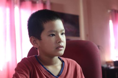 Düşünceli bir çocuk sıcak bir odada oturur, odaklanmış bir ifadeyle bir şeyler düşünür. Yumuşak ışık perdelerin arasından süzülür, sahneye sıcaklık katar.