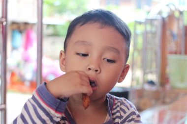 Evde oturan genç bir çocuk odaklanmış bir ifadeyle lezzetli bir atıştırmanın tadını çıkarıyor. Bu an, yemek sırasında çocukluk merakı ve neşesinin özünü yakalar..