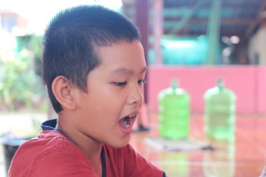 Neşeli genç bir çocuk tutkuyla sohbete daldı, canlı bir ifade ve hoş duygular sergiledi..