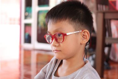 Kırmızı gözlüklü düşünceli genç bir çocuk sessizce bakar, evin içinde huzurlu bir anı yakalar. İfadesi merakı ve masumiyeti yansıtıyor, bu da onu çeşitli temalar için mükemmel bir portre yapıyor..