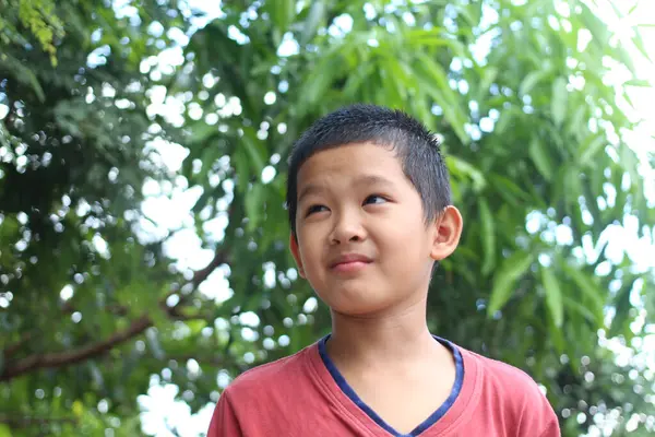 Düşünceli genç bir çocuk yemyeşil bir ortamda duruyor ve tuhaf bir ifade sergiliyor. Görüntü, çocukluk merakının ve doğadaki huzurun özünü yakalar..