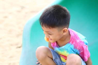 Neşeli bir çocuk oyun parkında eğleniyor, çocukluğun kaygısız ruhunu gösteriyor kahkahalar ve maceralarla dolu aydınlık bir yaz gününde..