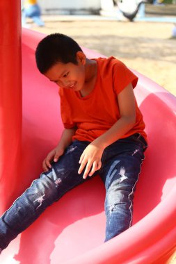 Neşeli bir çocuk renkli bir oyun parkından kayıyor, neşe ve heyecan saçıyor. Bu hareketli an, dışarıda geçen çocukluk oyunlarının özünü yansıtıyor..