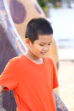 Turuncu tişörtlü genç bir çocuk oyun parkında durup neşe ve masumiyet dolu bir an sergiliyor. Onun ifadesi mutluluğu ve tasasız çocukluğu yansıtır..