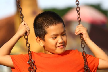 Neşeli genç bir çocuk neşeli bir oyun bahçesinde mutlu bir şekilde sallanıyor, masumiyet ve kaygısız bir ruh yayıyor. Parlak gün ışığı neşeli atmosferi güçlendirir..
