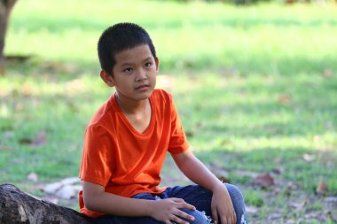 Turuncu tişörtlü genç bir çocuk sakin bir park ortamındaki kütüğün üzerinde düşünceli bir şekilde oturur. Yeşil çimenler ve güneş ışığı, çocukluk masumiyetini çağrıştıran barışçıl bir atmosfer yaratır..