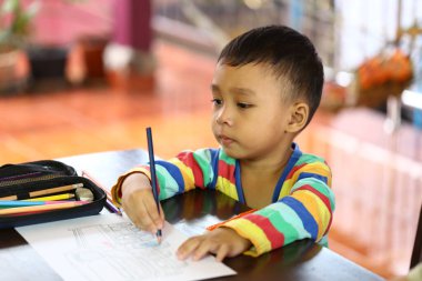 Genç bir çocuk bir masada oturuyor, bir kalemle çizime odaklanmış. Yaratıcılığını renkli bir kıyafetle ifade ediyor. Evde eğlenceli bir sanat etkinliğinden hoşlanıyor..