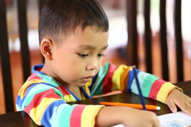 Genç çocuk neşeli bir şekilde evde yaratıcı bir renk etkinliğine katılıyor, canlı, renkli bir çevreyle çevrili iken konsantrasyon ve sanatsal ifade sergiliyor..