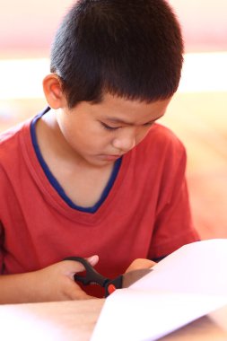 Kırmızı gömlekli genç bir çocuk makasla kağıt kesmeye odaklanmış. Bu iç etkinlik, bir çocuğun gelişiminde yaratıcılığı, öğrenmeyi ve eğlenceli keşifleri vurgular..