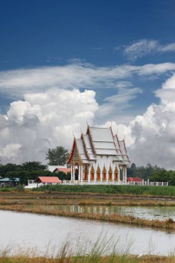 Bu sakin görüntü, bereketli yeşilliklerle çevrili geleneksel bir tapınak ve canlı mavi gökyüzünün altında barışı ve ruhaniliği simgeleyen yansıtıcı bir su kütlesi sergiliyor..