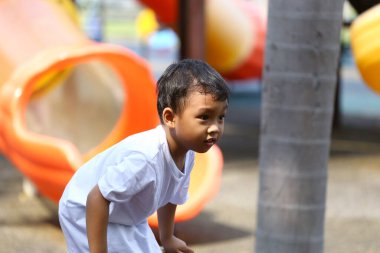 Genç bir çocuk, renkli slaytlar ve ekipmanlarla çevrili canlı bir açık hava oyun parkında çocukluk sevincinin ve keşiflerin özünü somutlaştırıyor..