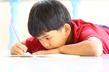 Genç bir çocuk yere uzanmış, defterine kurşun kalemle yazmaya odaklanmış. Bu sahne, çocukluk yaratıcılığının özünü ve parlak bir mekanda öğrenmenin neşesini yakalar..