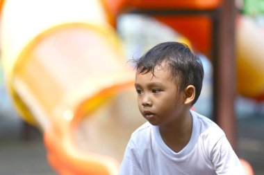 Genç bir çocuk, neşeli bir oyun parkında, neşeli bir anın tadını çıkarıyor, çocukluk eğlencesi ve keşif ruhunu somutlaştırırken, parlak slaytlar ve neşeli bir atmosferle çevrili..