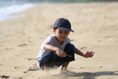 Genç bir çocuk kumlu bir plajda oturuyor, oyun oynuyor. Doğayla etkileşime girerken güneş ışıl ışıl parlıyor. Çocukluk maceraları için mükemmel neşeli ve huzurlu bir atmosfer yaratıyor..