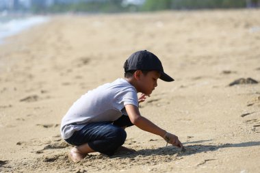 Küçük bir çocuk kumlu bir plajda diz çöker ve kumu çizmeye odaklanır. Güneşli atmosfer ve okyanus arkaplanı neşeli keşif ve kaygısız neşe için mükemmel bir ortam yaratır..