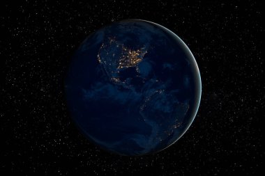 Uzaydaki karanlık gecede Dünya gezegeni yıldızlarla çevrili. NASA tarafından desteklenen bu görüntü ögeleri.