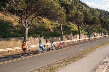 Family with two children riding bikes, one after another along cycling path between beautiful forest trees, aerial view.